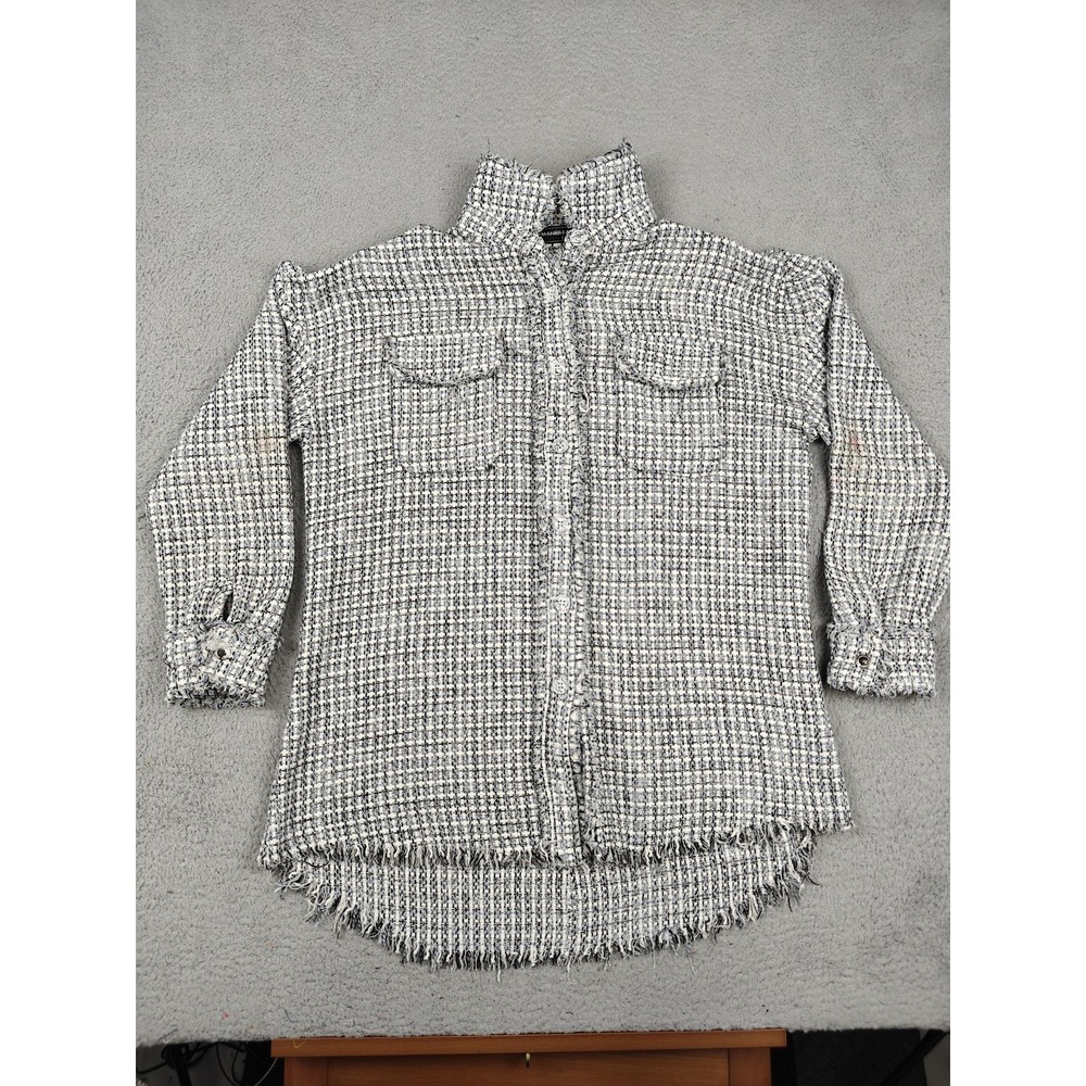 Maniere De Voir Jacket Womens 14 Gray Tweed Check Longline Fringe Hem Button‎